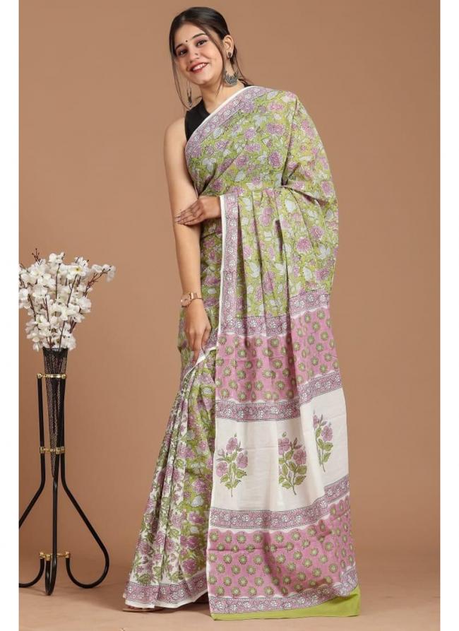 Cotton Mul Mul Green Casual Wear Printed Saree